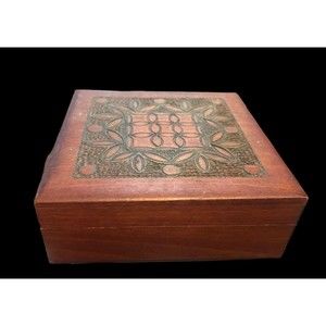 Handcrafted Wooden Box - Tiny Brass Inlays within Carved Design Made In Poland